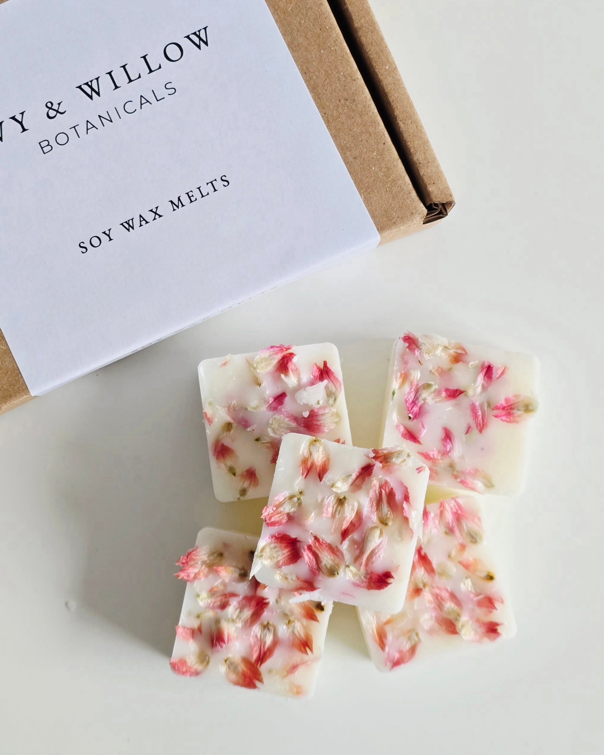 Floral soy wax melts with a branded box on a white background