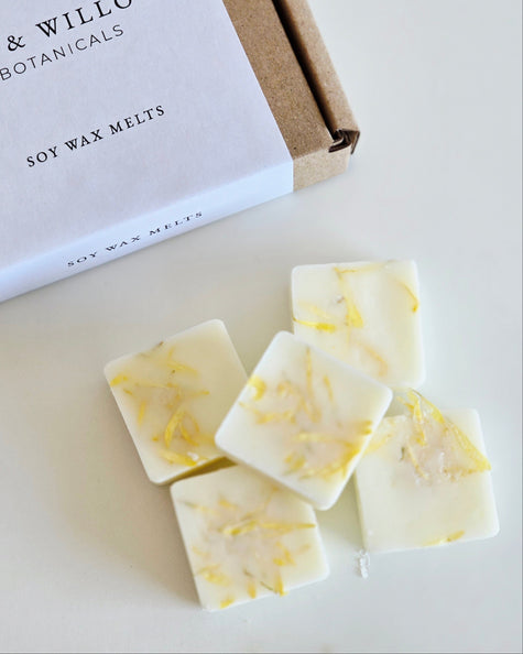 IVY & WILLOW Botanicals soy wax melts on a white surface with a branded box.