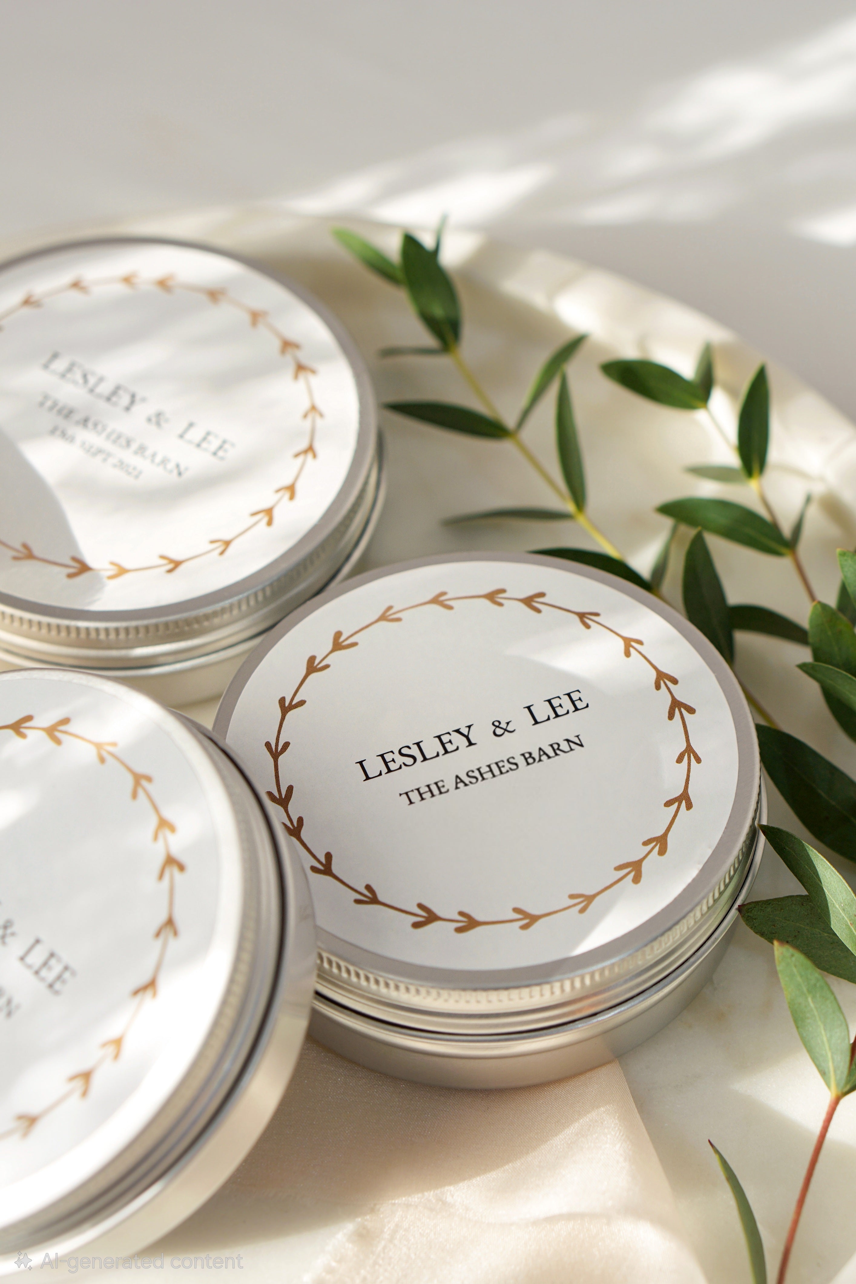 Three 'Lesley & Lee' branded containers on a light surface with green leaves.