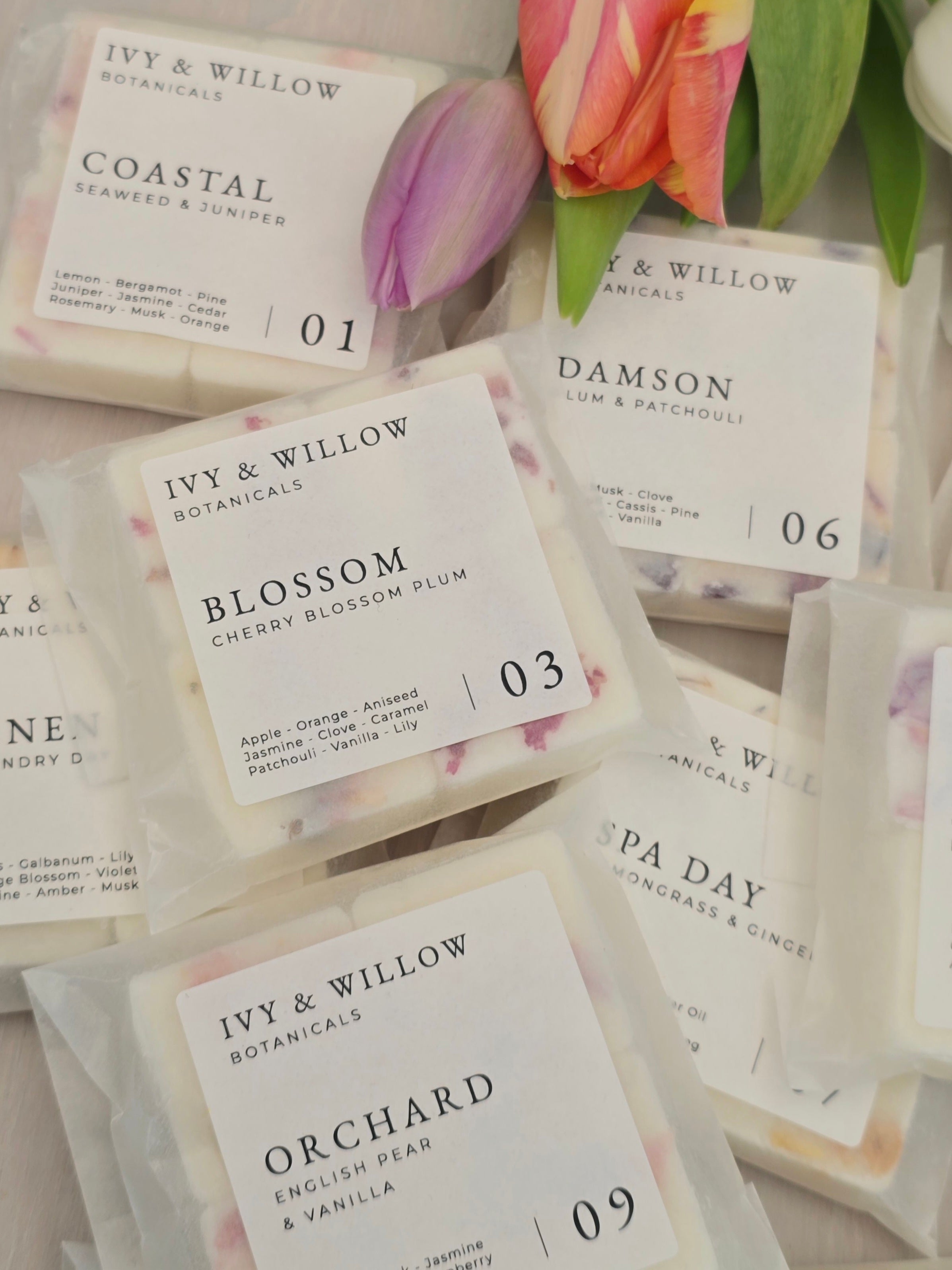 Ivy & Willow botanical  waxmelt bars with labels on a white background