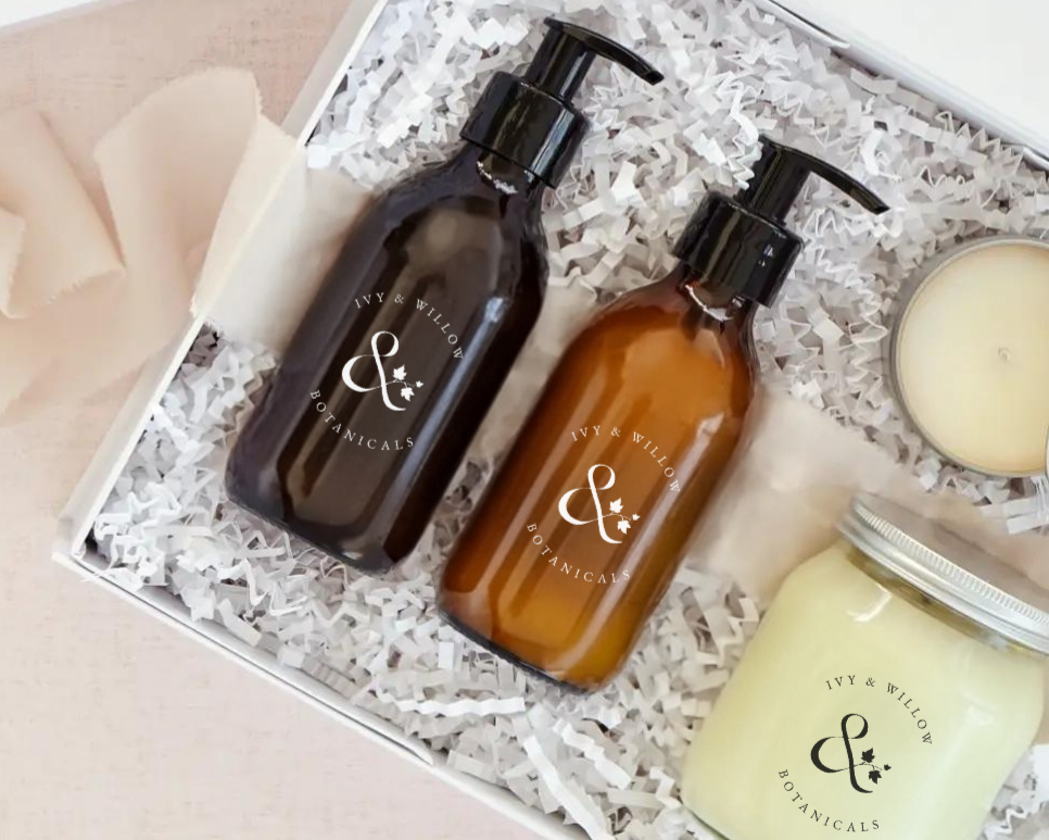 Ivy & Willow Gift Box with handcream and handwash in an amber pump jar and 1 x 300g honey jar candle and 1 x mini tin candle 125g