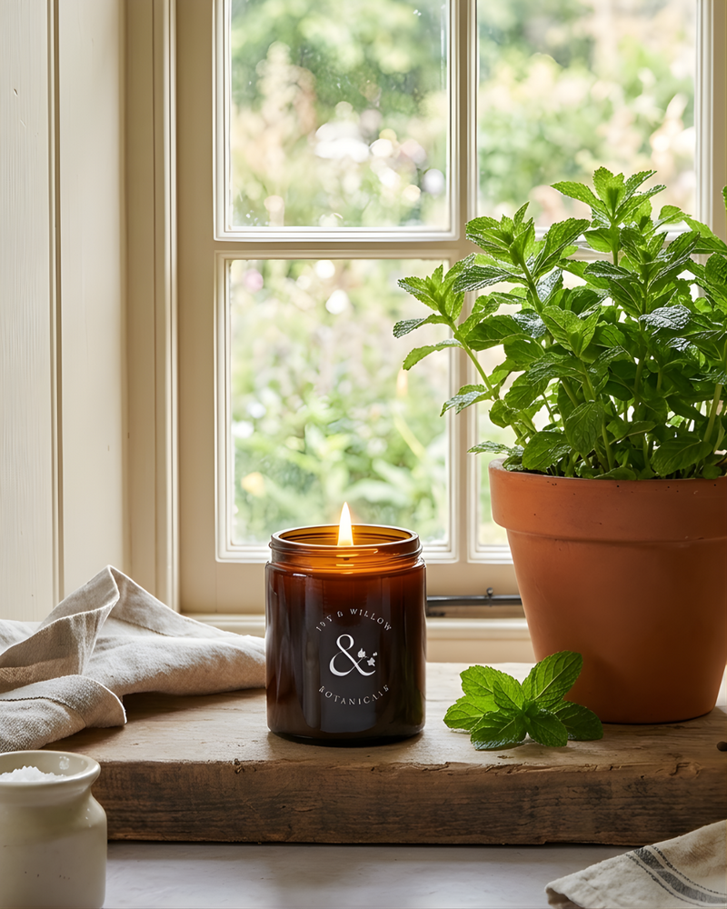 Candle in a brown jar with a logo, potted plant, and window in the background