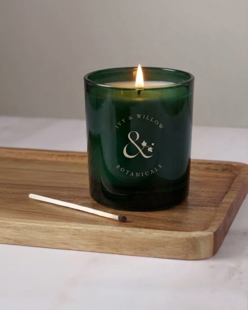 Green candle with a lit wick on a wooden tray against a neutral background