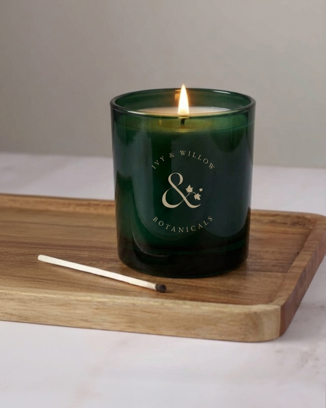 Green candle with a lit wick on a wooden tray against a neutral background