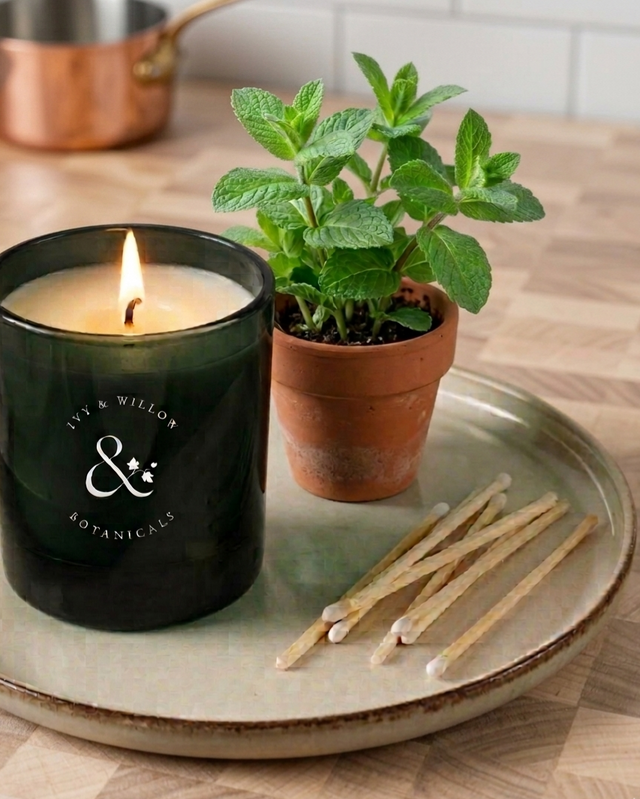 Candle with a plant and matches on a tray