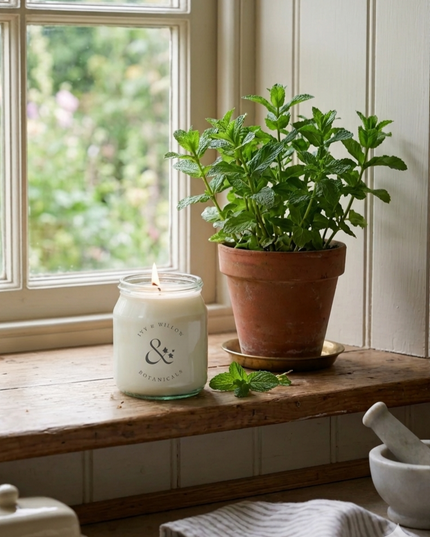 Candle and potted plant on a wooden surface with a window in the background