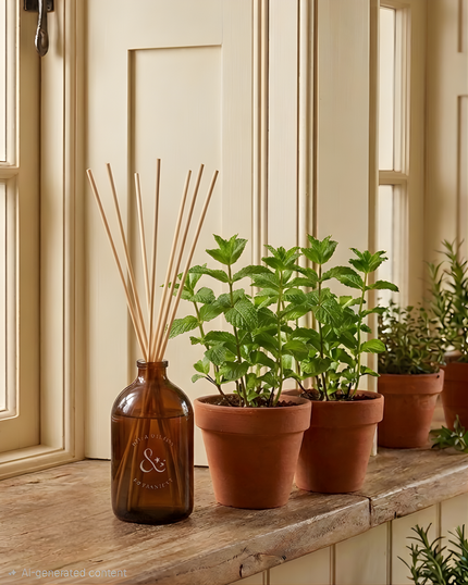 Brown diffuser bottle with reeds next to potted mint plants on a wooden surface.