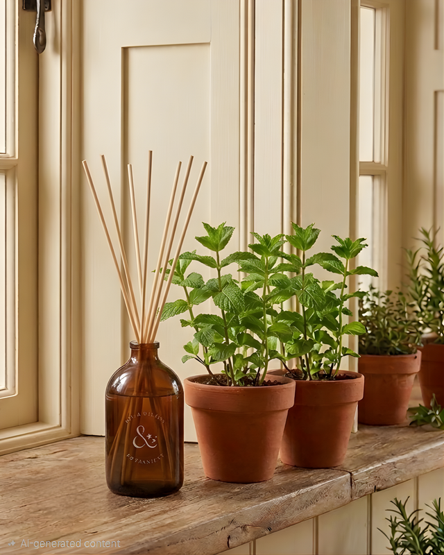 Brown diffuser bottle with reeds next to potted mint plants on a wooden surface.